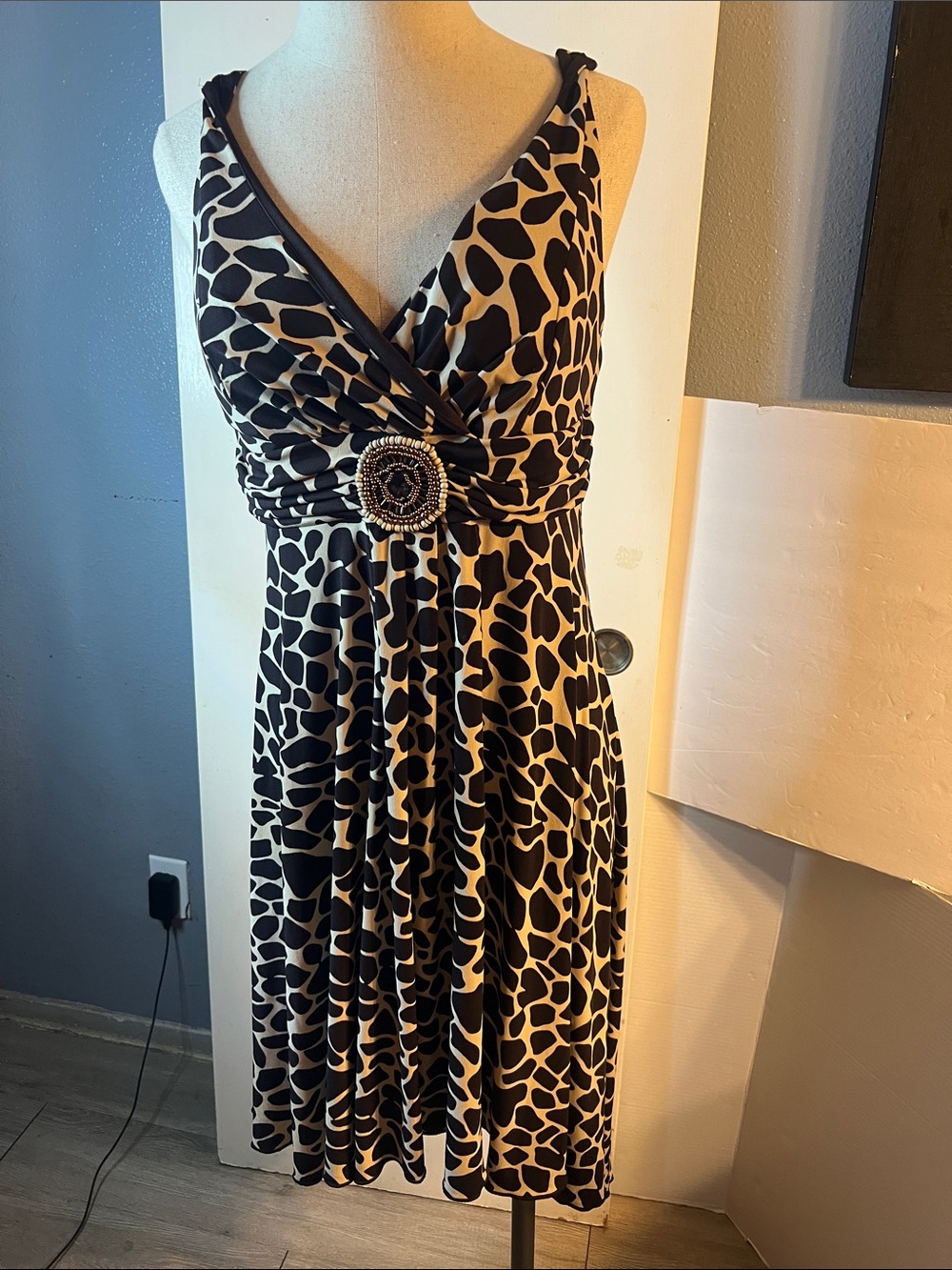 Enfocus Studio Black and Cream Animal Print Midi Dress with Beaded Waist Accent